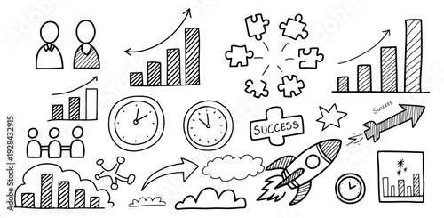 Business and success hand-drawn doodle icon collection. Includes bar charts, people, clocks, puzzle pieces, clouds, arrows, a rocket, and a 'SUCCESS' banner. Created in a black and white sketch