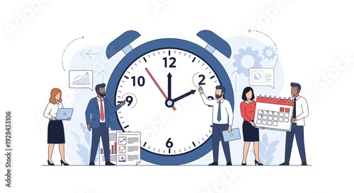 Professional office meeting vector illustration depicting corporate teamwork concept and business vector illustration with people around a large clock