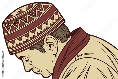 Muslim Man in Traditional Cap Praying with Reverence