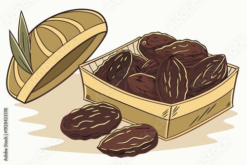 Sweet Dates in a Decorative Box Vector Illustration