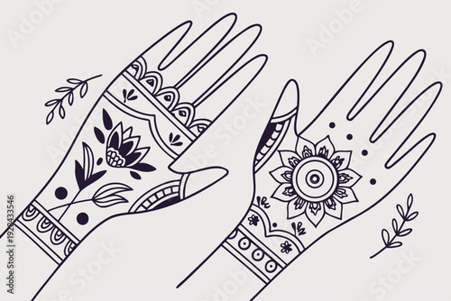 Traditional Indian Mehndi Henna Hands Design Line Art