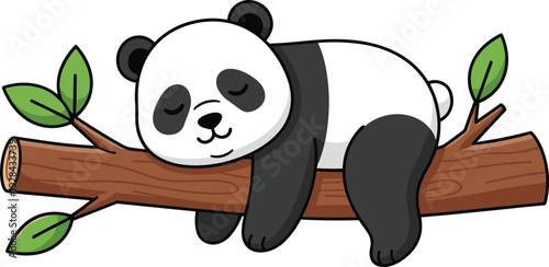 Cute cartoon panda bear sleeping peacefully on a tree branch with green leaves isolated on a clean white background vector.