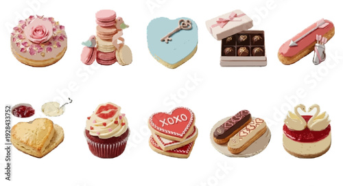 Set of Valentine's Day romantic desserts including donuts, macarons, chocolates, cupcakes, and heart-shaped cookies,