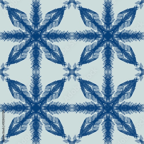 Tableau sur toile Blue Ink Hand-Drawn Snowflake Mandala Seamless Pattern