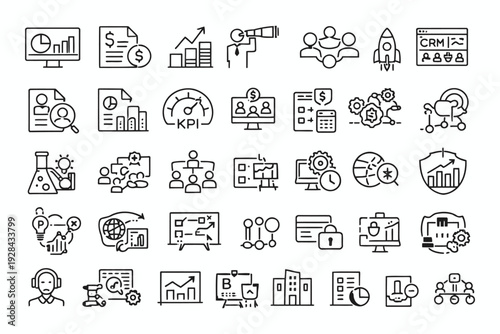 Collection of diverse icons representing business, technology, and communication concepts