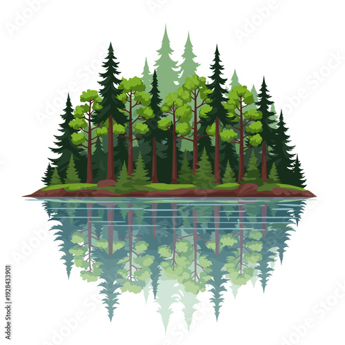 A vibrant illustration of a dense evergreen forest reflected in calm, clear water, showcasing a variety of pine and fir trees.