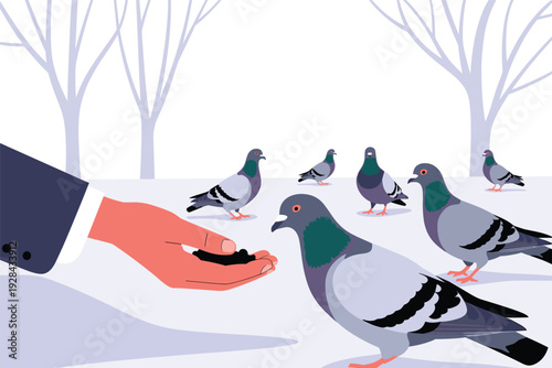 Man feeding pigeons in winter park with bare trees with copy space