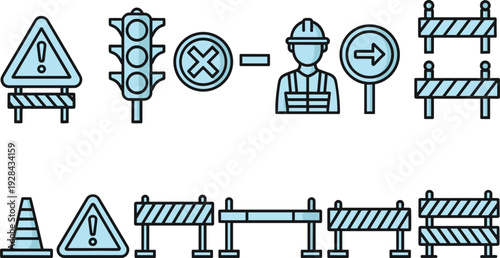 Construction warning and roadwork icons set, traffic signs barriers worker helmet symbols, flat line vector illustration isolated