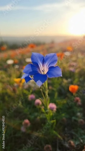 Wallpaper Mural A blue flower blooms in a colorful field of wildflowers during sunset Torontodigital.ca