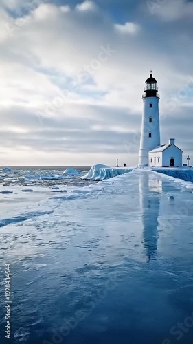 Wallpaper Mural A frozen lighthouse standing tall on icy waters under a cloudy sky, with frozen sea and ice chunks scattered around Torontodigital.ca