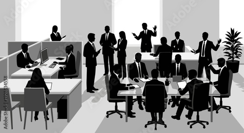 A busy office scene depicts silhouettes of business people collaborating and working