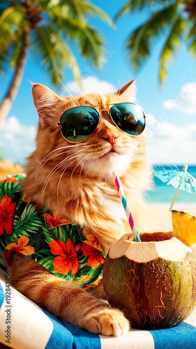 Wallpaper Mural A cat in sunglasses and a Hawaiian shirt relaxes on a beach towel with a coconut drink under palm trees Torontodigital.ca