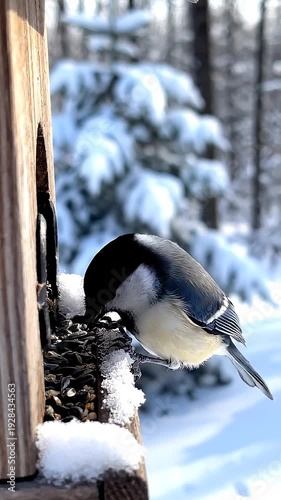 Wallpaper Mural A black-capped chickadee eating seeds from a snowy bird feeder in a forest Torontodigital.ca