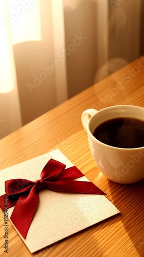 Wallpaper Mural A gift card with a red bow and a steaming cup of coffee on a wooden table by a sunny window with a fan in the background, used for Valentine's or greeting card advertising Torontodigital.ca