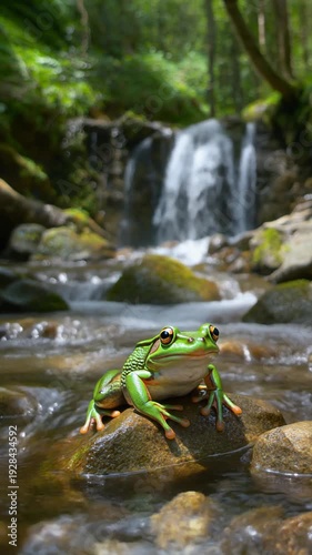 Wallpaper Mural A green frog sitting on a rock in a shallow stream with a waterfall in the background in a lush forest Torontodigital.ca