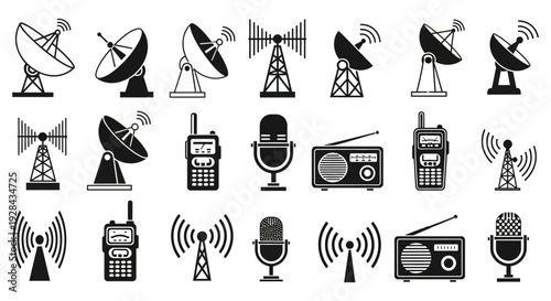 Collection of communication devices and signal towers in black and white