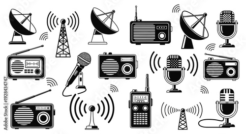 Collection of vintage and modern communication devices in a black and white illustration