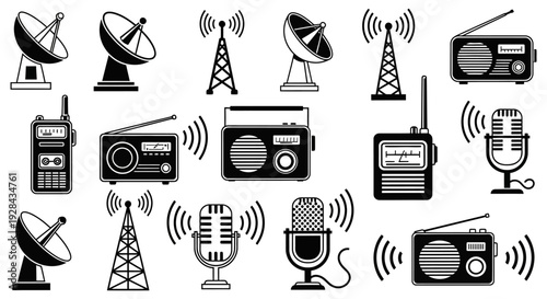 Collection of vintage and modern communication devices in black and white