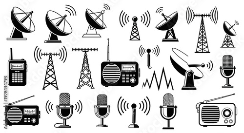 Collection of communication devices satellite dishes radios microphones and antennas