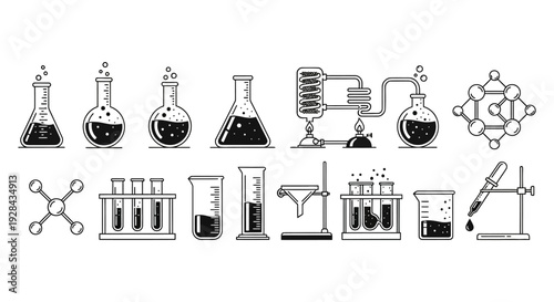 Black and white illustration of various chemistry lab equipment and scientific diagrams