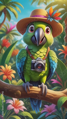 Wallpaper Mural A vibrant green parrot in a jungle setting, wearing a hat and camera, capturing a moment amidst tropical foliage Torontodigital.ca