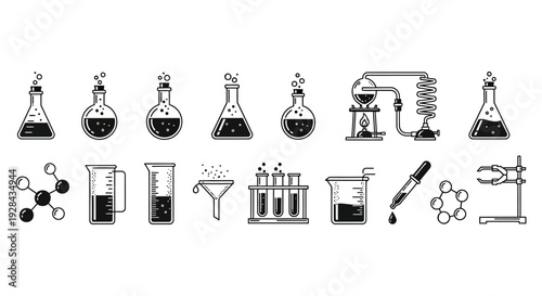 A collection of black and white chemistry equipment and laboratory glassware icons