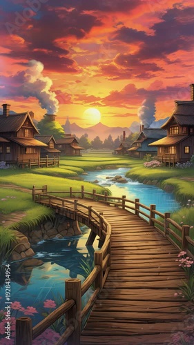 Wallpaper Mural A serene wooden bridge over a stream in a rural village at sunset with vibrant orange and purple hues in the background Torontodigital.ca