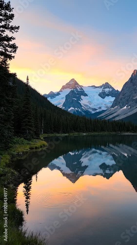 Wallpaper Mural A serene lake reflects a stunning mountain range at sunset amidst evergreen trees Torontodigital.ca