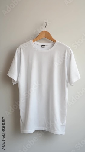 Wallpaper Mural A white short-sleeved t-shirt hangs on a wooden hanger against a plain wall background for apparel or fashion use Torontodigital.ca