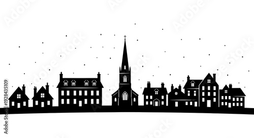 Silhouetted cityscape with a prominent church steeple against a starry background
