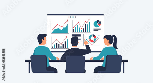 Professional Office Meeting Vector Illustration of Business Professionals Analyzing Data