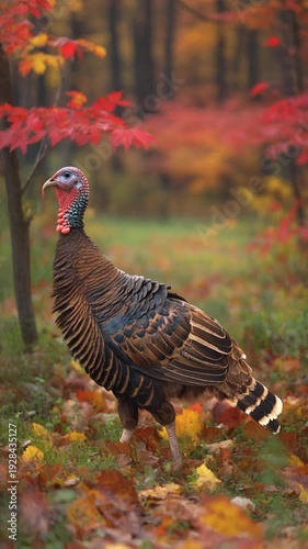 Wallpaper Mural A wild turkey walks through a forest clearing surrounded by autumn foliage with colorful leaves on the ground and trees in the background, possibly used for seasonal or wildlife themes Torontodigital.ca