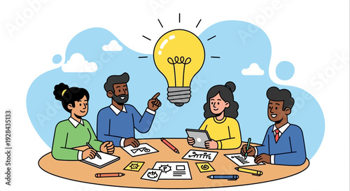 Business Professionals Collaborating Around a Table with a Bright Idea Illustrated in a Vector Style
