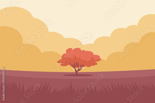 Vibrant tree stands alone in serene landscape with warm sunset colors with copy space