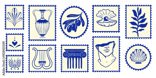 Hand drawn Mediterranean vintage stamp set with classical column, amphora vase, and olive branch. Greece postcard vector collection.