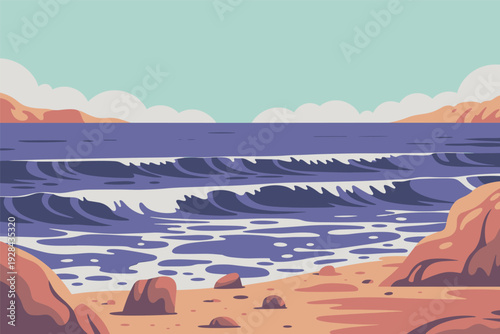 Serene ocean waves crash on sandy beach with rocky shoreline and distant mountains