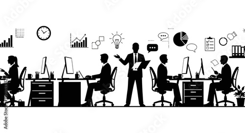 Black and white illustration depicting a busy office environment with people and charts
