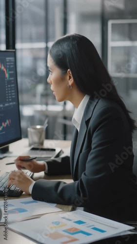 Wallpaper Mural Businesswoman analyzing financial data on computer screen in modern office with stock market graph Torontodigital.ca