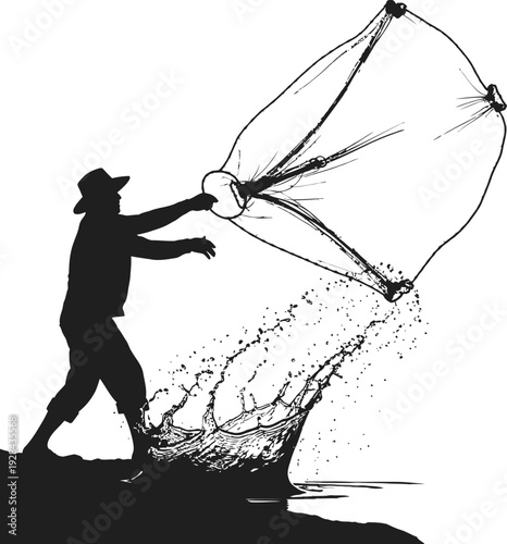 Fisherman casting a net into the water