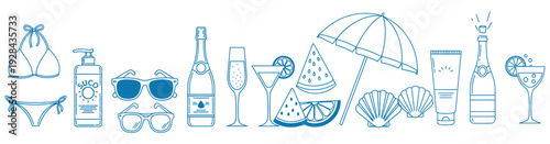 A collection of summer icons and illustrations, including beach accessories, drinks, and sun protection for a refreshing vacation