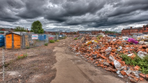 Wallpaper Mural A debris-strewn path through a desolate urban landscape under a stormy sky Torontodigital.ca