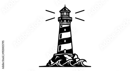 Simple black and white illustration of a lighthouse on rocky waves