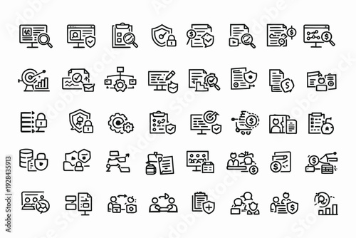 Collection of diverse icons depicting various office, communication, and travel activities