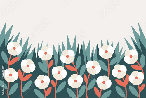 Beautiful floral pattern with white flowers and green leaves with copy space