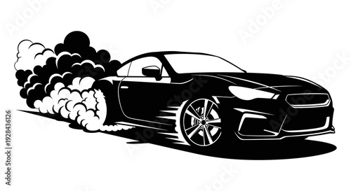 Black and white illustration of a sports car performing a tire burnout