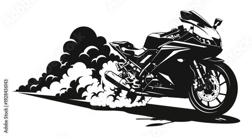 Sport motorcycle performing a burnout leaving a trail of tire smoke