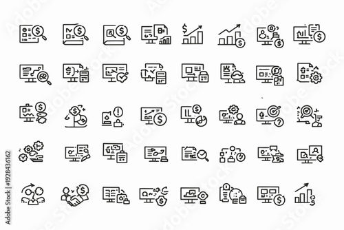Collection of icons depicting various technology, business, and presentation concepts