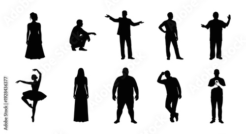 Silhouette collection depicting diverse human poses and body types on a white background