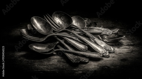 A Close-Up Study of Tarnished Silver Cutlery Arranged in a Chaotic Pile on a Rustic Wooden Surface.