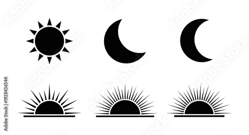 Black silhouettes of the sun crescent moons and sunrises over water